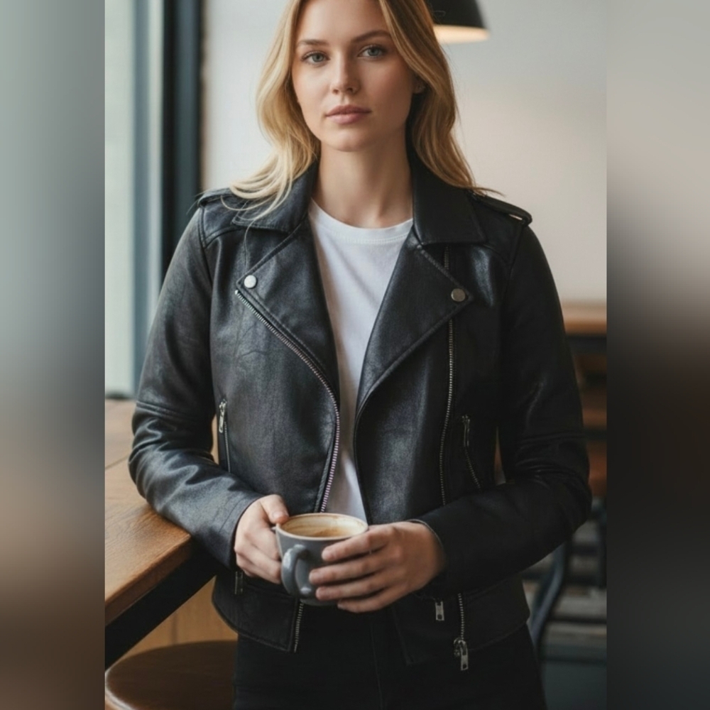Antropologie,Cupcakes & Cashmere Classic Black Leather (Polyester) Jacket.Size S